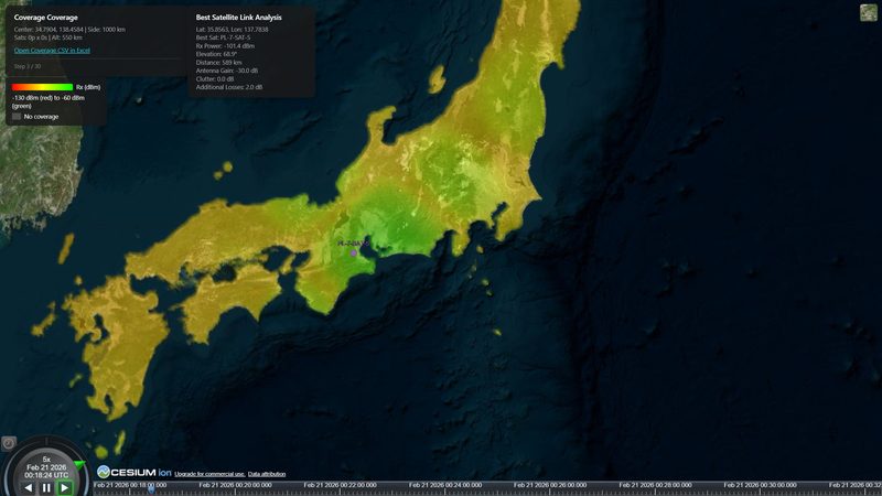 NetSim Astra coverage heatmap over Japan with the best satellite link analysis