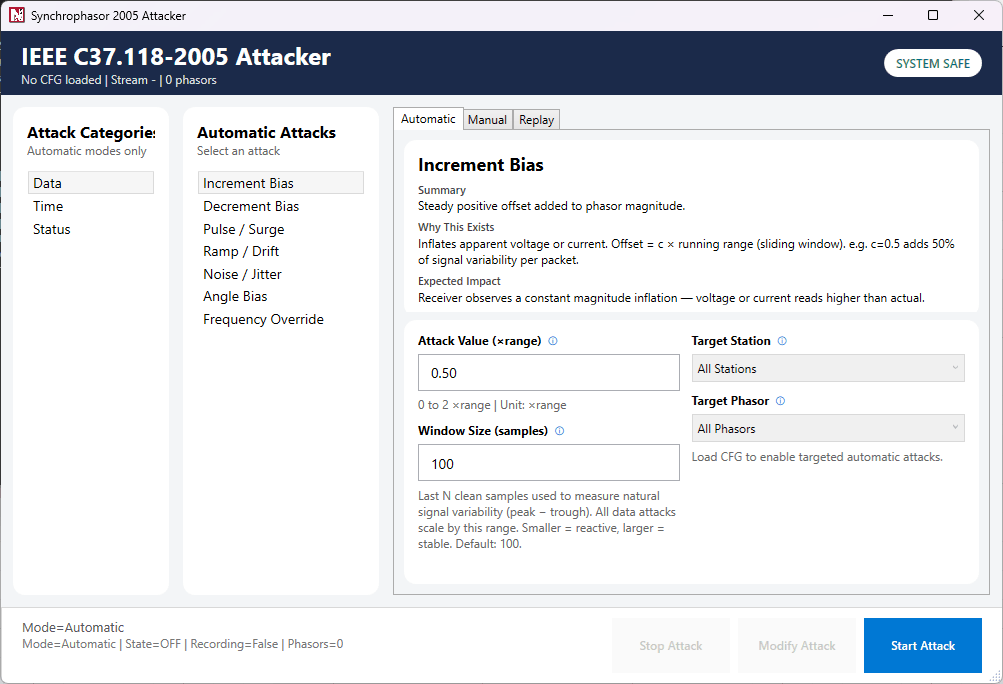 NetSim IEEE C37.118-2005 Attacker window with the Automatic tab, attack categories Data, Time and Status, and Increment Bias selected