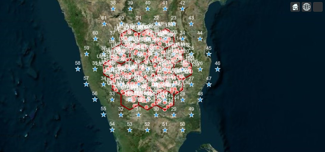 The SC10 scenario in the NetSim GUI on a map: stars mark the 127 beam centres, a red outline marks the 19 metric beams, and red dots mark the 190 UEs