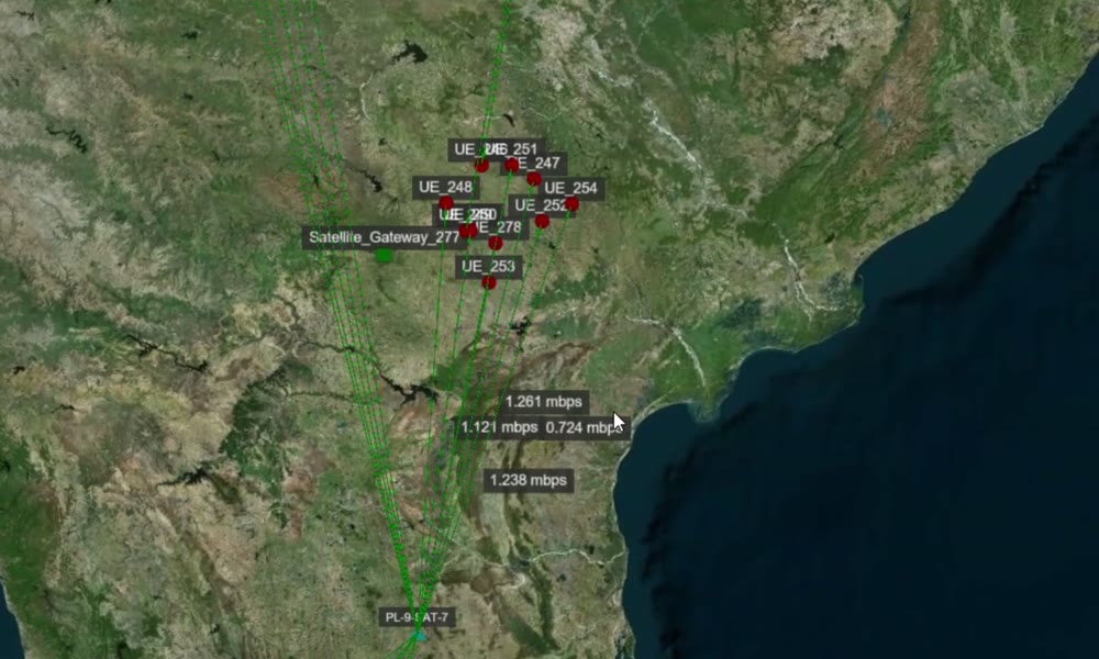 UEs in a NetSim NTN simulation receiving traffic over satellite service links, with per-UE throughput shown on the map